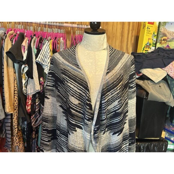 LUCKY BRAND Aztec Drape Open Front Cardigan Sweater Black & Gray Knit Sz M - Picture 4 of 11